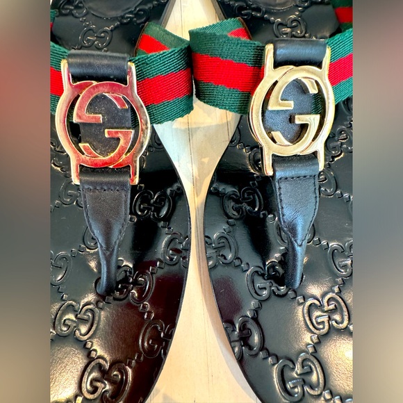 Authentic GUCCI Guccissima Web Thong Sandals Size 38/7.5 in Green Red Black - Picture 6 of 12